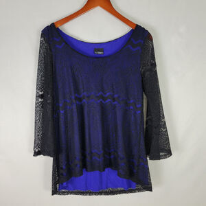 Daytrip Shirt Womens Medium Blue Lace‎ Top Long Sleeve Round Neck Sheer Lined